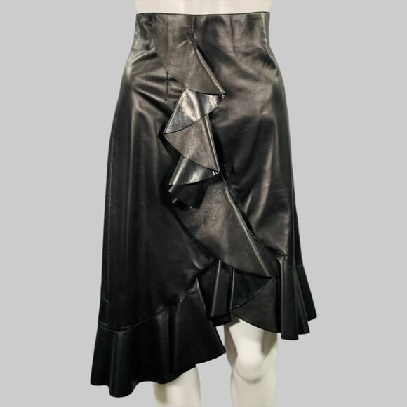 Lanvin Dresses & Skirts - LANVIN 2016 Size M Black Leather Ruffled Lambskin Tulip Knee Length Skirt